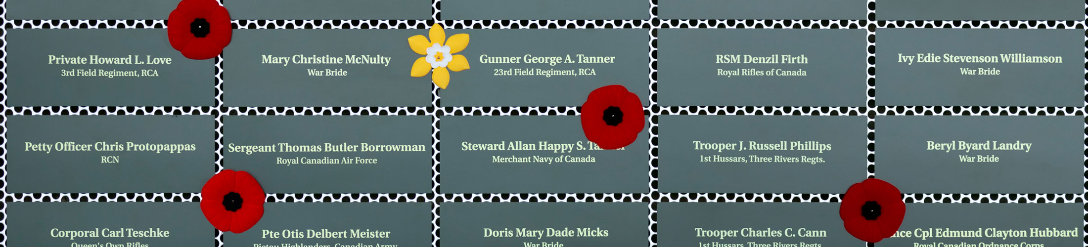 Green plaques inscribed with names of service people and war brides. Poppies and daffodil pins have been placed next to some plaques.