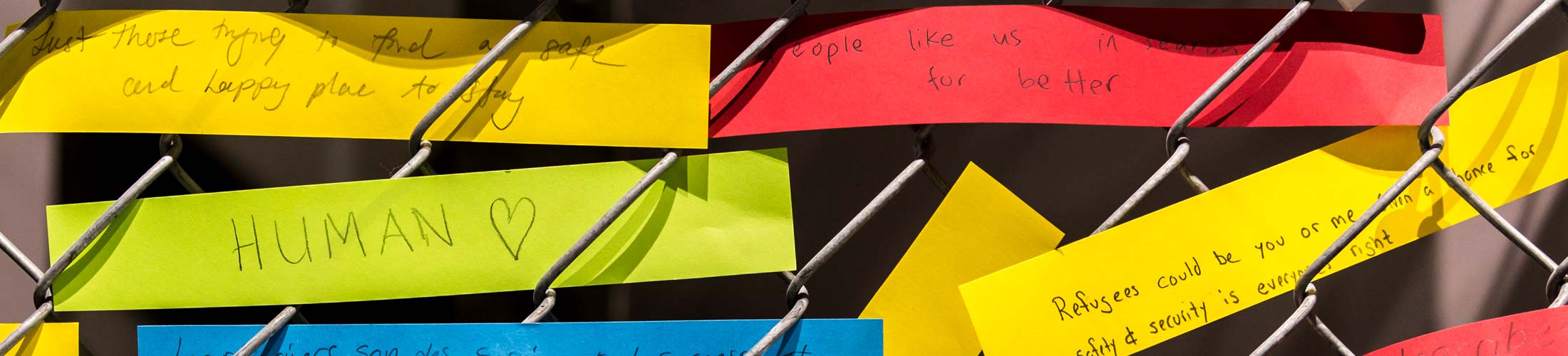 Coloured paper with hand written notes about refugees.