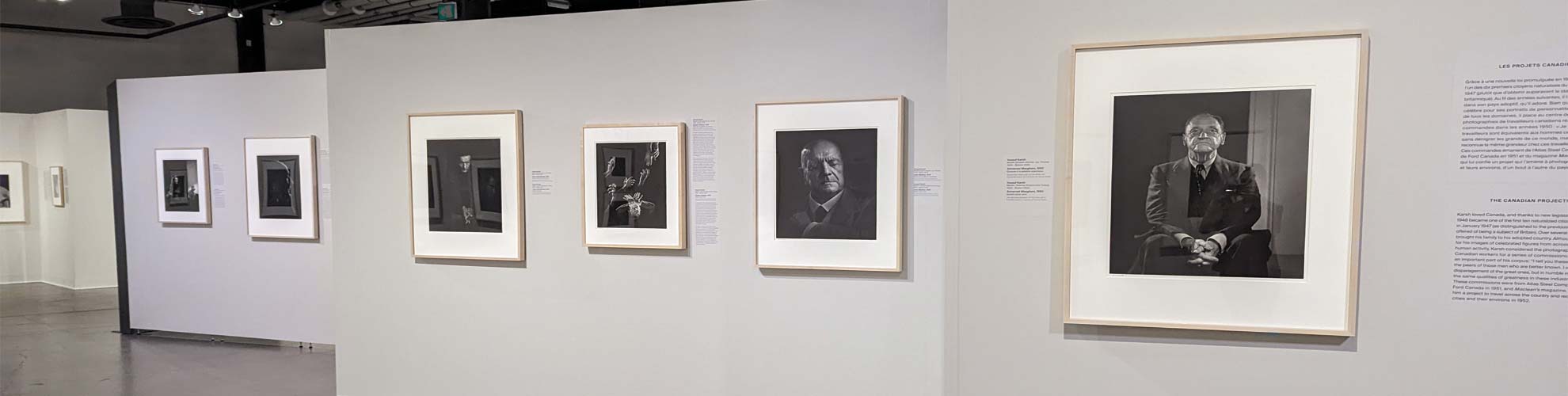 Photographs are hung on tall, white panels are arranged throughout the large space. 