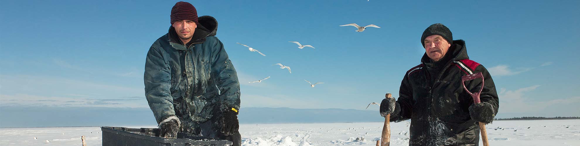 Two men in winter clothes stand in the snow with white birds flying in the background.