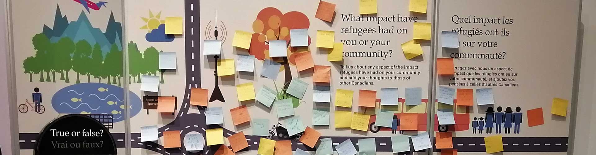 Tall panel with cityscape graphics covered in colourful, hand-written sticky notes.