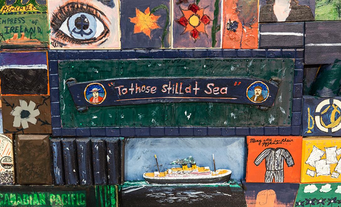 Close-up of a piece of artwork on a ship-like canvas.