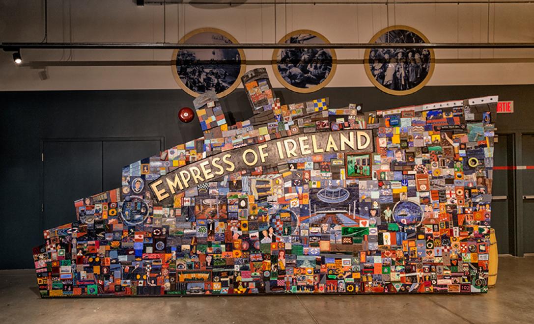 Finished canvas in the shape of a ship with name Empress of Ireland.