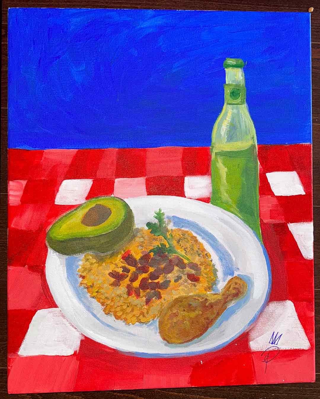 Painting of rice and beans with chicken leg and avocado on a white plate with parsley garnish on a table, with a red and white checkered table cloth and a bottle of soda.