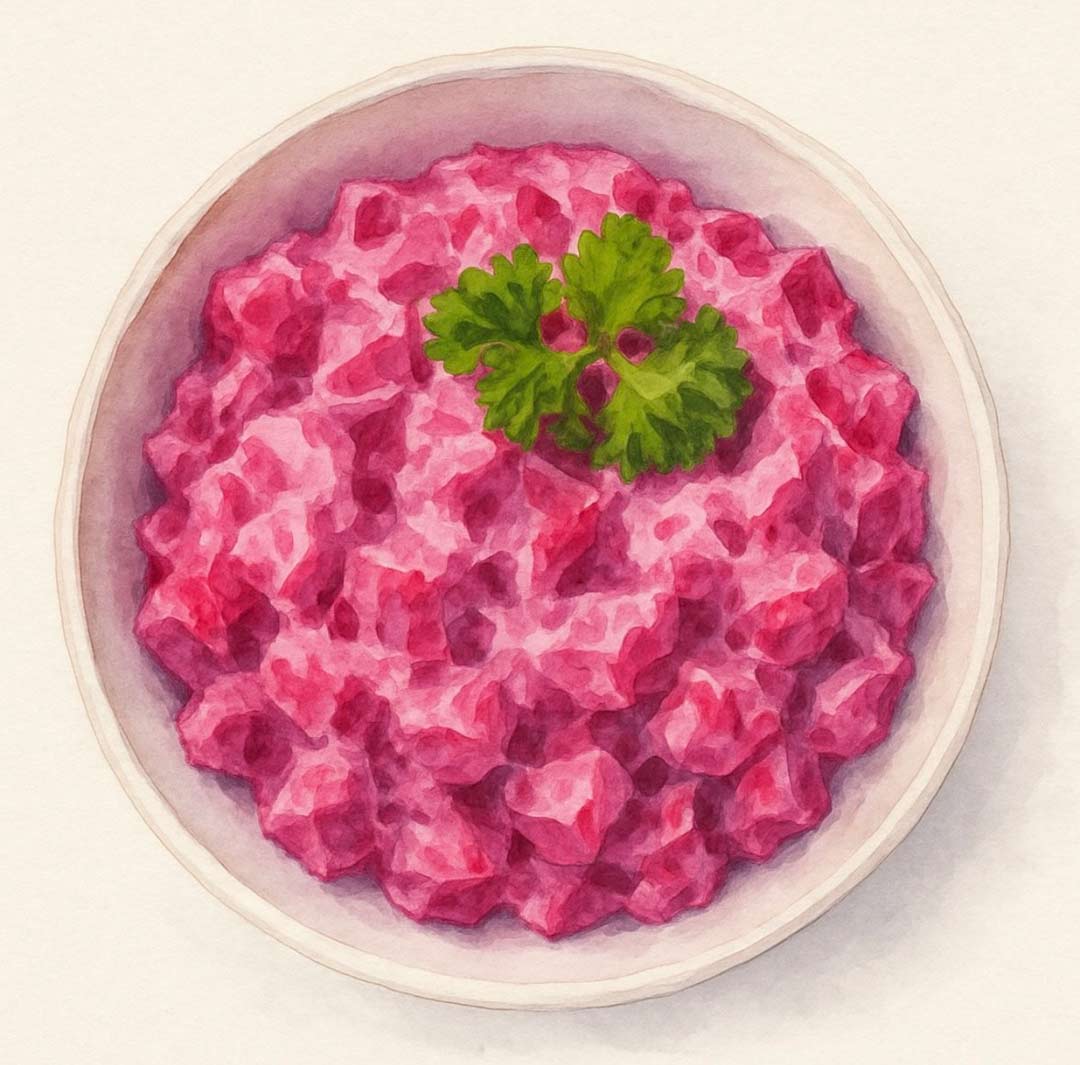 Beet salad in a white bowl with parsley garnish on a white background.