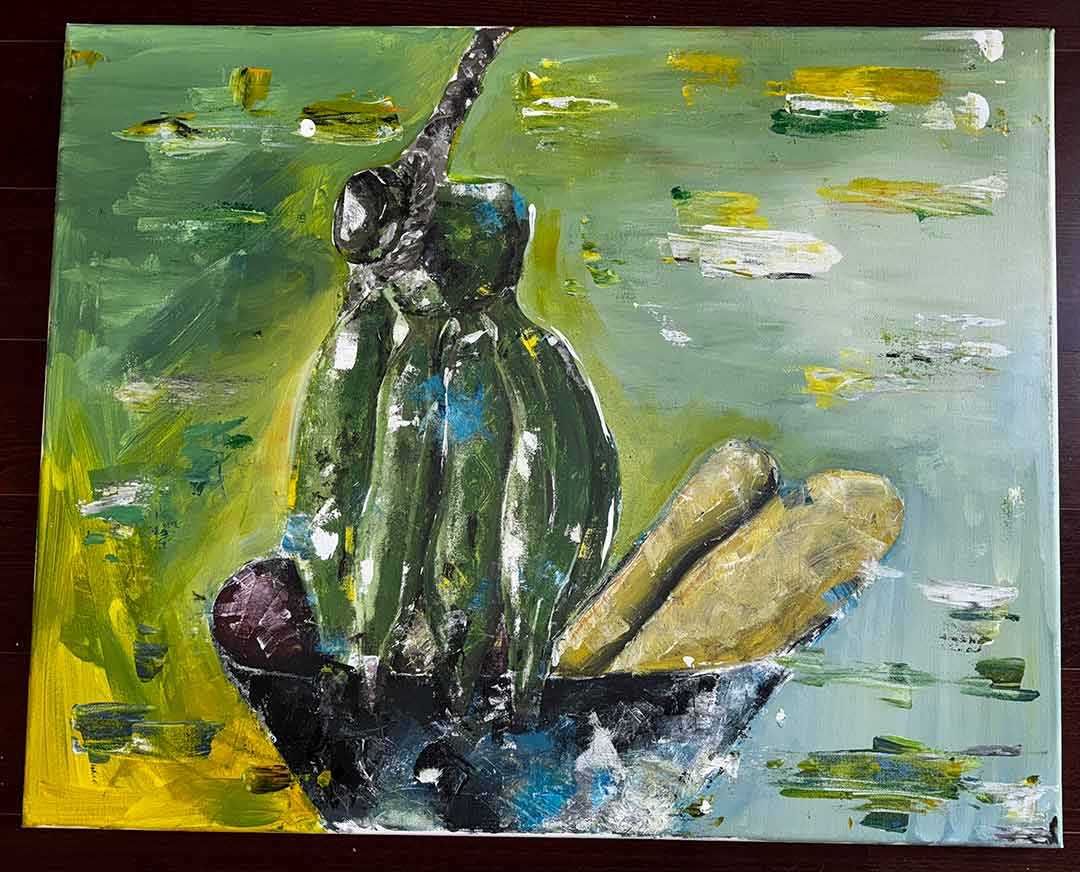 Black bowl filled with produce on multicoloured, stylized background.