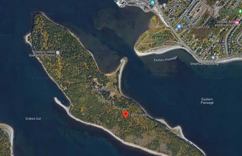 An aerial view of Lawlor’s Island showing the outline and greenery.