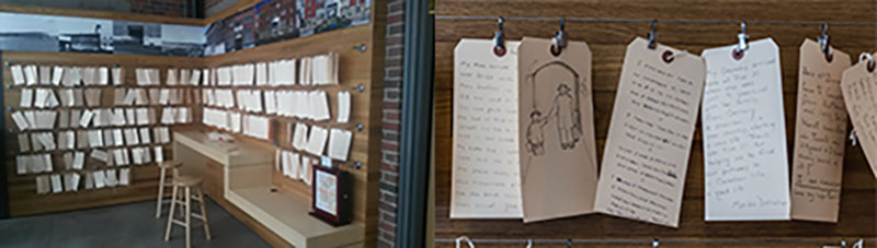 Luggage tags hanging on a wooden board saying What Pier 21 Means to Me.