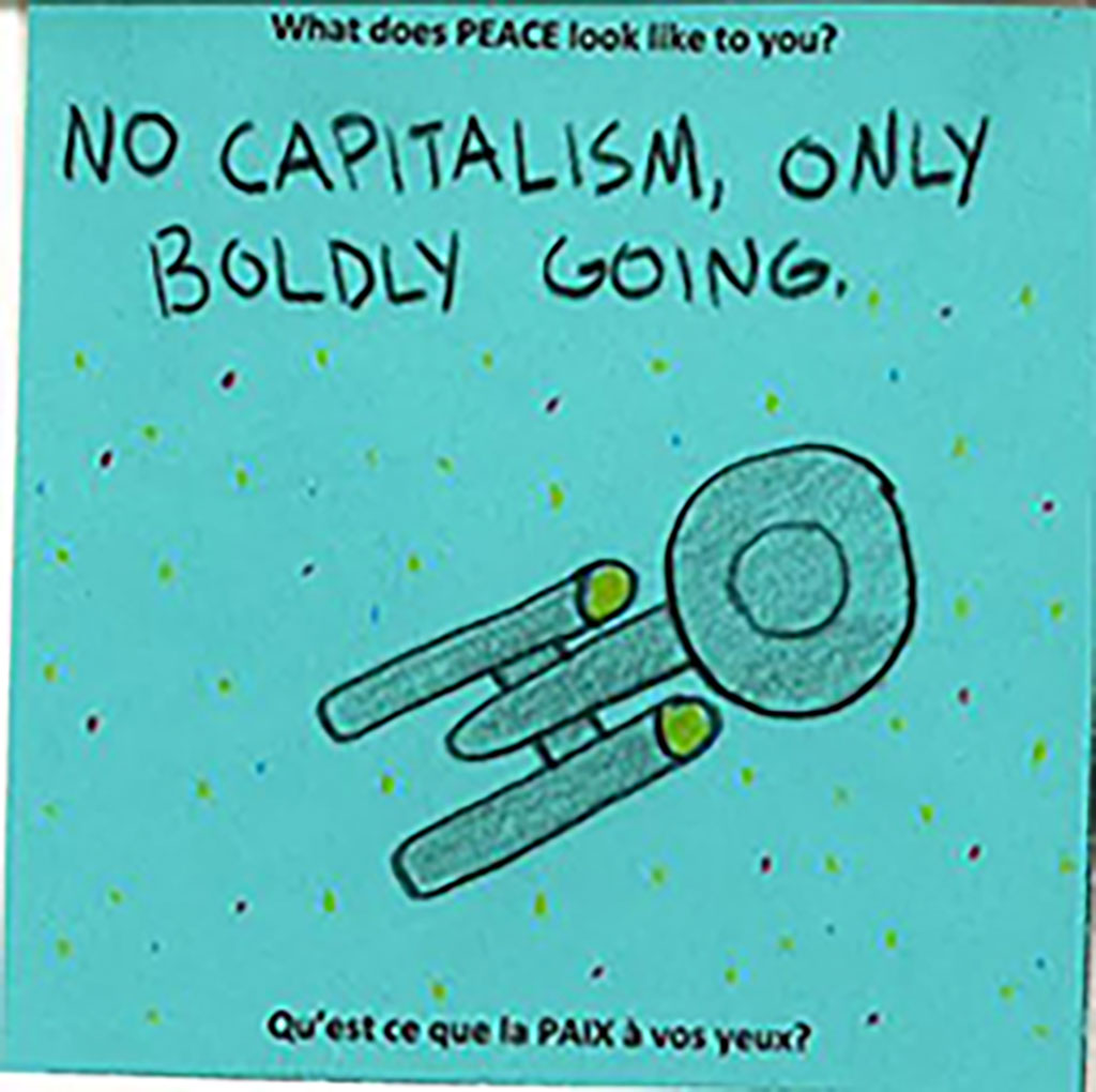 A blue piece of paper with the words No Capitalism.