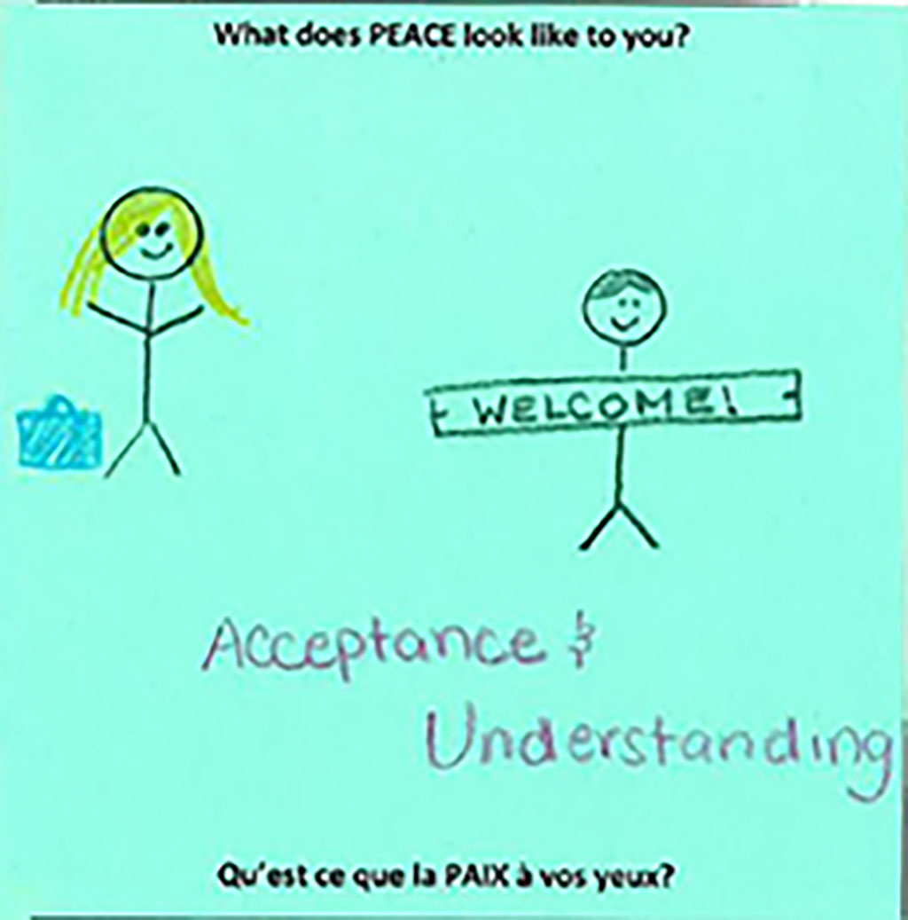 A drawing of two characters holding a welcome board.