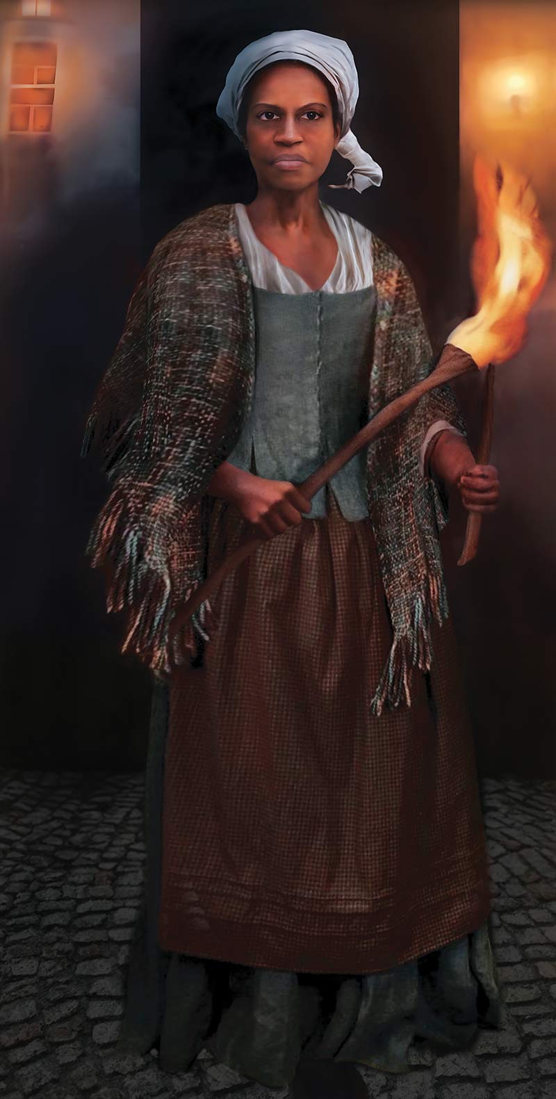 A painting of a Black woman dressed in long skirts and a shawl, carrying a torch at nighttime.