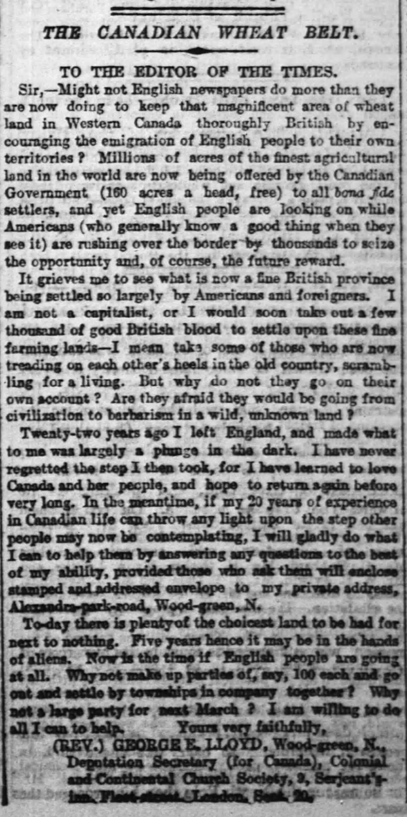 Archival newspaper clipping titled Canadian Wheat Belt.
