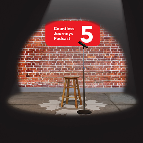 A spotlight shines down on a microphone and stool in front of a brick wall. A red sign on the wall reads Countless Journeys Podcast 5.