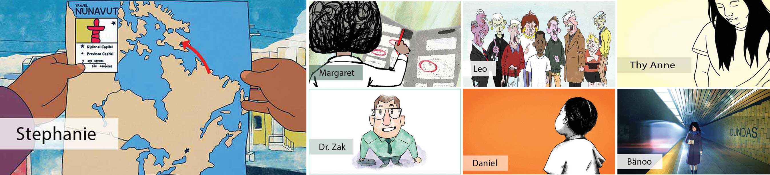 A collage of colourful illustrations.