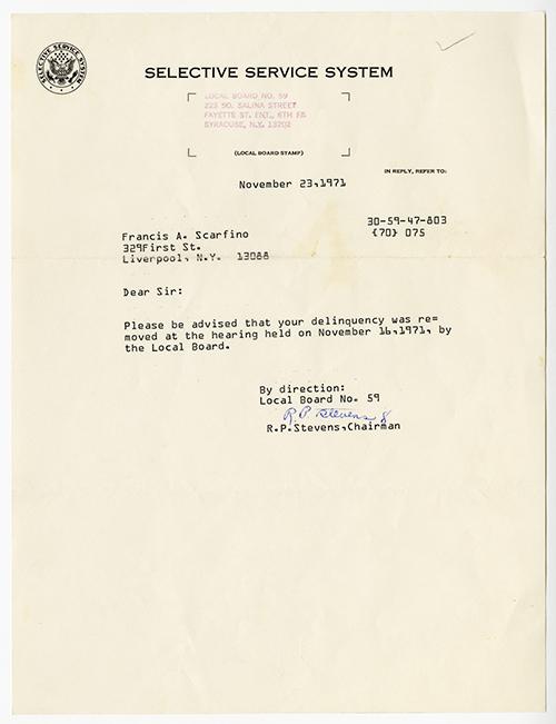 Typed letter from Selective Service System.
