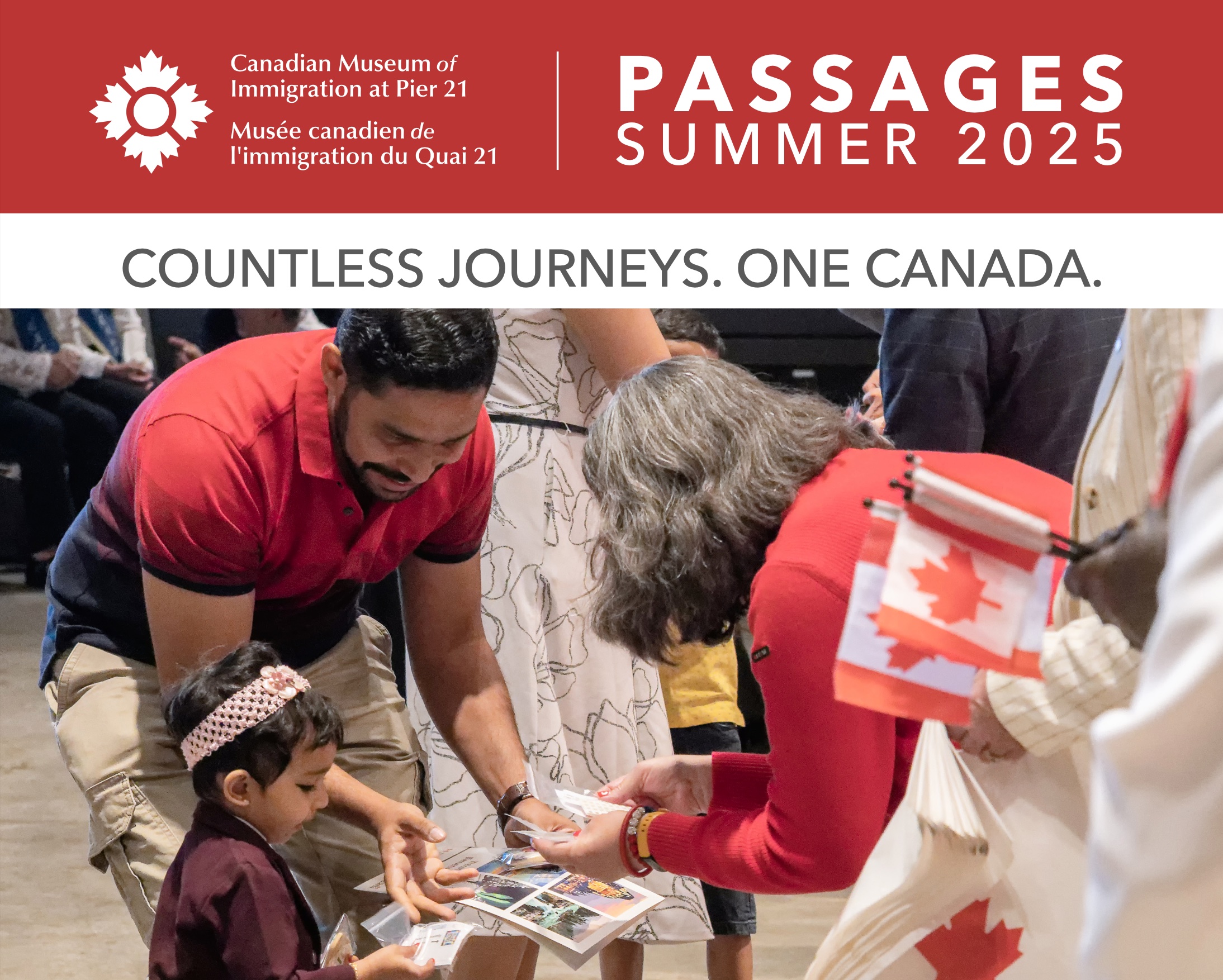 Cover of Summer Passages with a red banner and an image of Marie Chapman bending over to hand trinkets to a small child and her father.