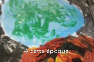 A child-like painting of water and trees.