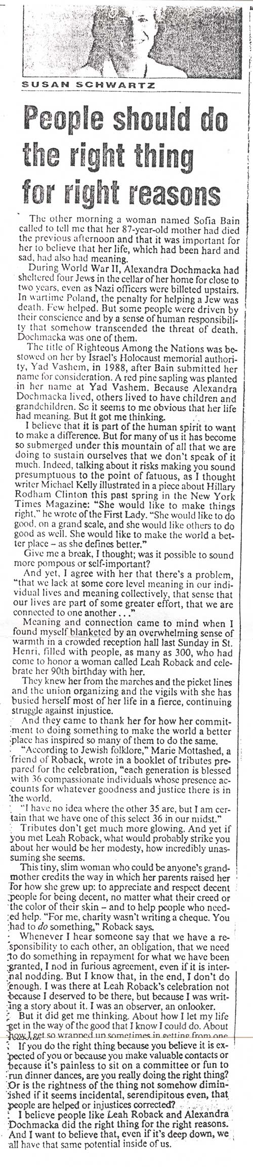 Newspaper clipping titled: People should do the right thing for right reasons.