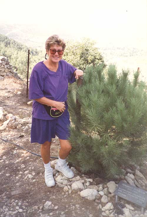 A young woman in a blue dress stands next to a small tree.