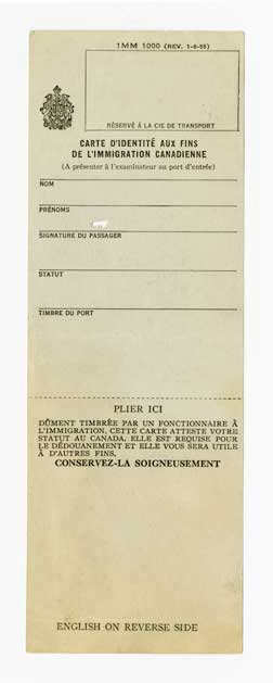 Back of Canadian immigration identification card.