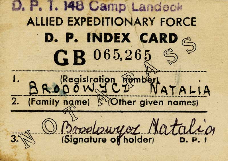 Old yellow DP Index Card in the name of Natalia Brodowycz.