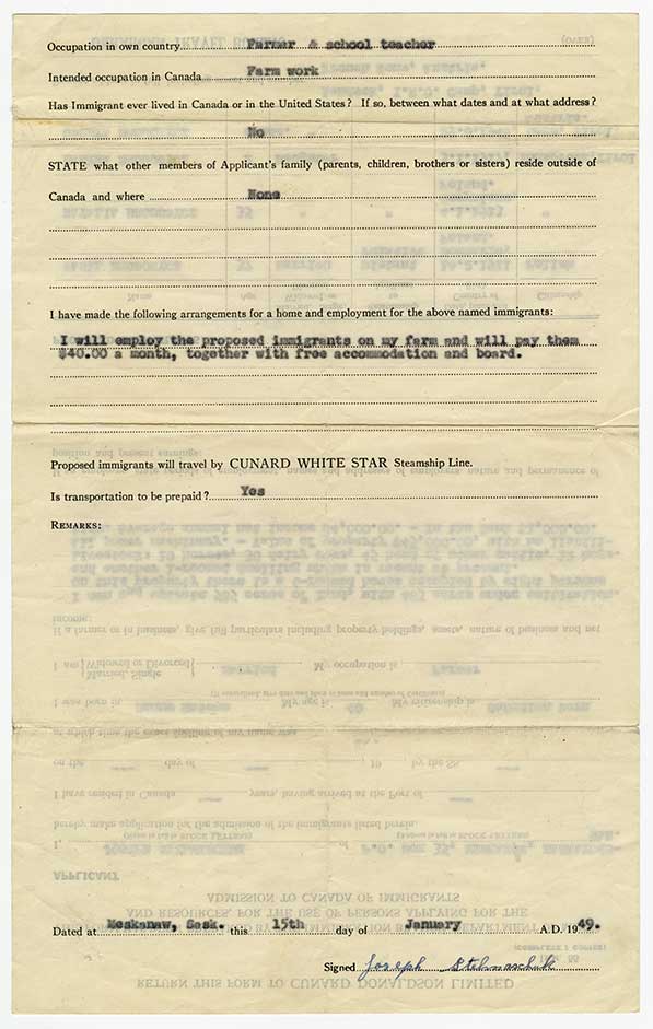 Second page of the old yellow paper of Admission to Canada of Immigrants with a signature at the bottom.