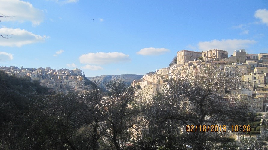 A town with a valley in the middle seen from a distance, with trees in front and blue sky in the background.