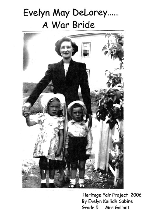 A book cover with a picture of a woman and two children, the title reads Evelyn May Delorey…a War Bride.