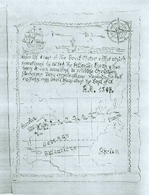Very old hand-drawn map with a symbol of a compass in upper right corner.