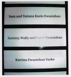Image of three family plaques on the Sobey Wall of Honour at the Pier 21 Museum.