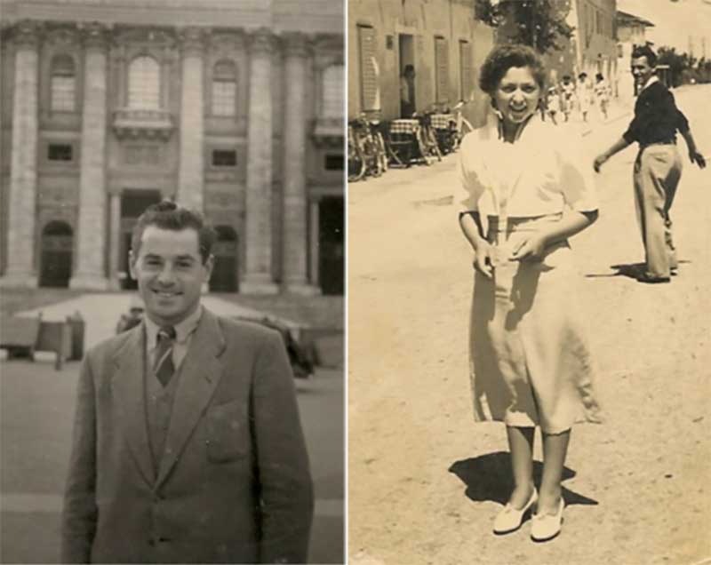 Two images side by side, showing a young man in a suit and tie on the left, and a young woman on the right, looking at the camera and laughing.