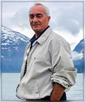 A man in a grey jacket stands outside in front of a mountain.