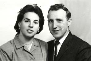 Old portrait of a young man and a young woman. 