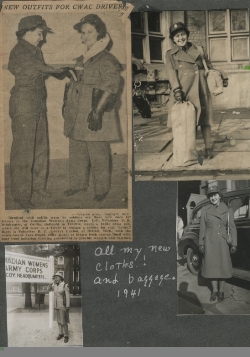 Four photographs pasted on a black surface, showing Catherine in different outfits.